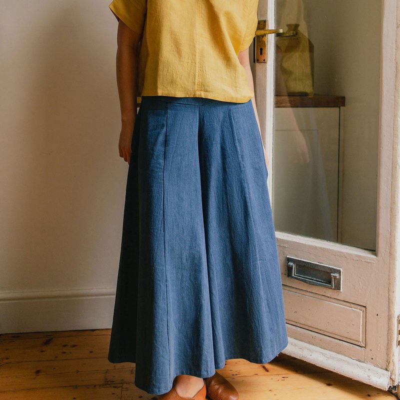 手工棉麻宽摆裤裙 - 深丹宁 - 女装长裤 - 棉．麻 蓝色