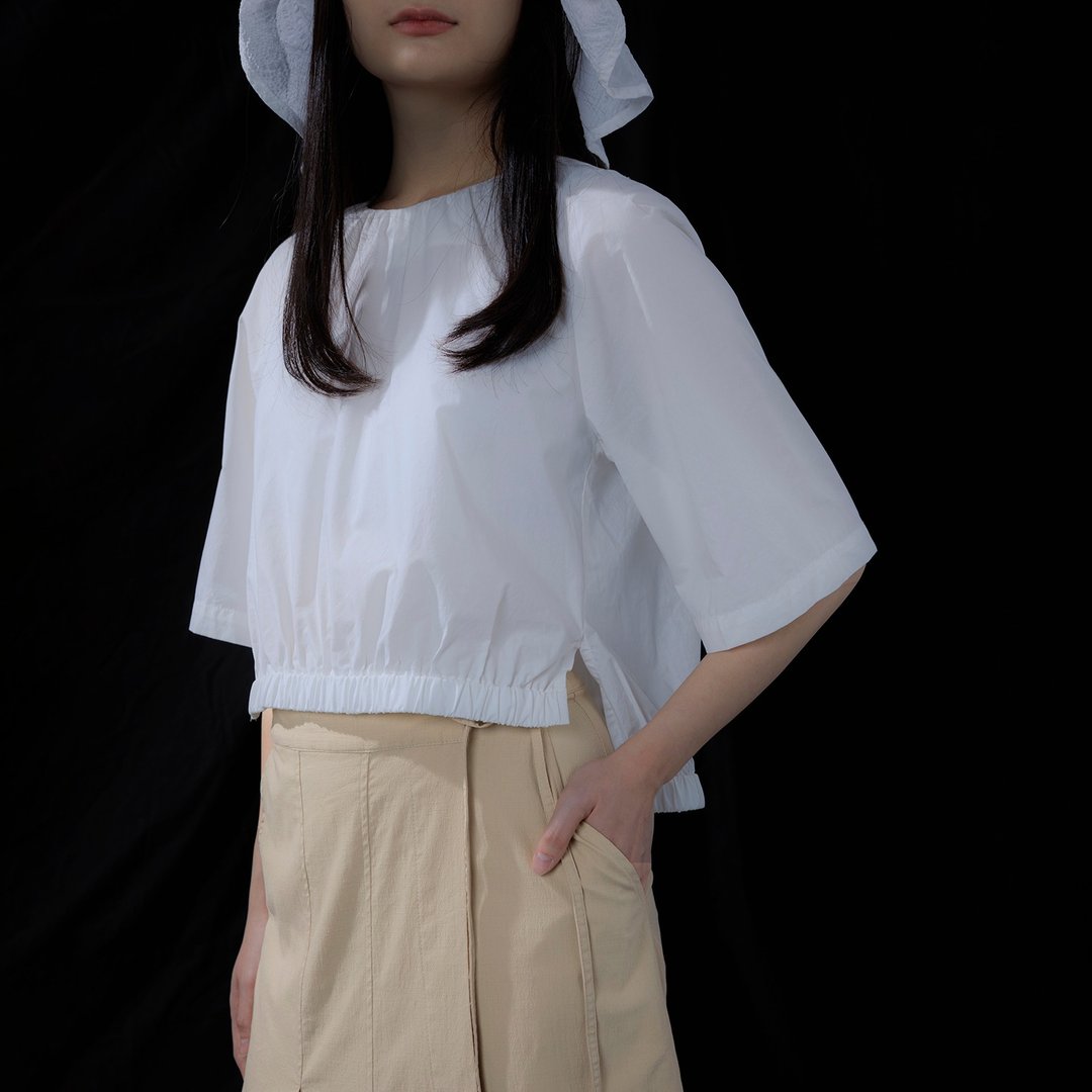 前短后长松紧摆上衣 - 女装上衣 - 棉 白色