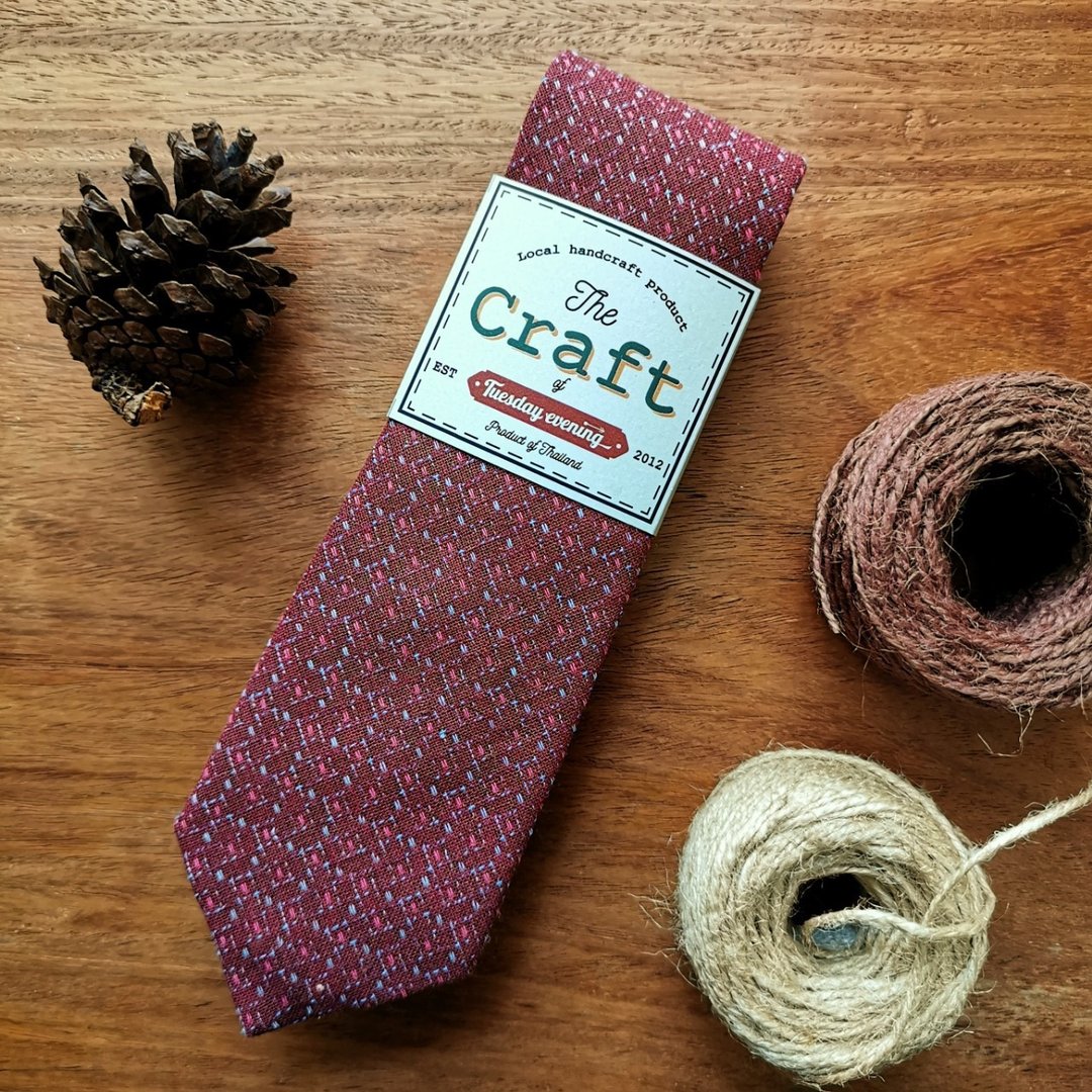 The Craft  Red Mulberry Grey with Stitchy Dot Necktie - 领带/领带夹 - 棉 红色
