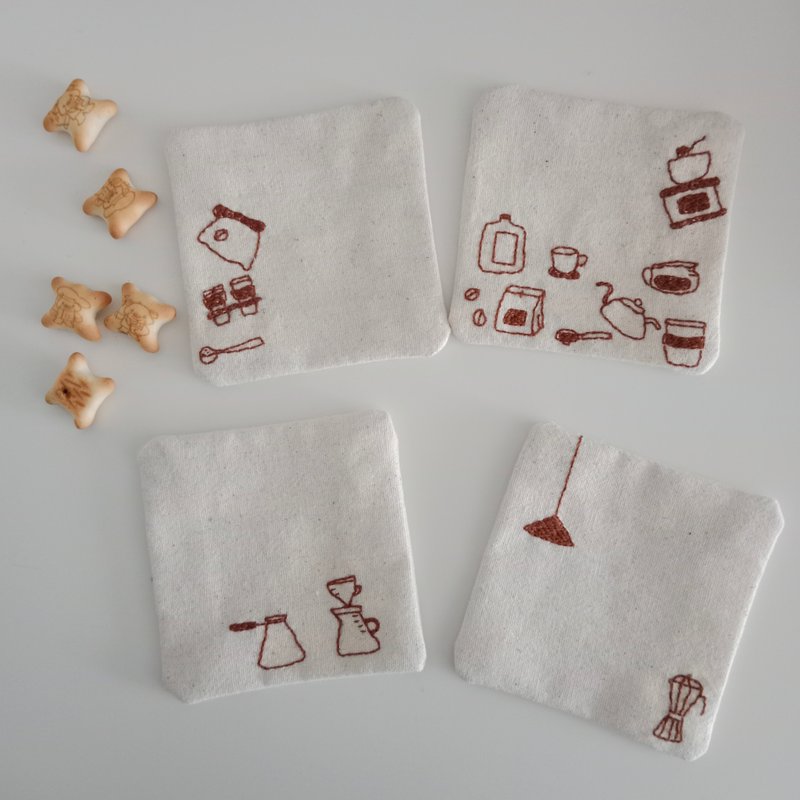 Coffee coaster set 4 PCS hand embroidered 100% cotton fabric - 杯垫 - 棉．麻 白色