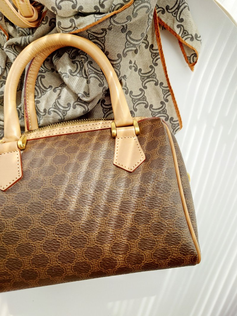 中古美品 CELINE 棕老花 迷你波士顿包 单肩包斜背包斜挎包手拿包 - 侧背包/斜挎包 - 防水材质 咖啡色