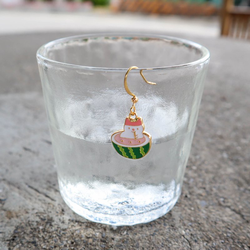 小猫 西瓜美容浴 仲夏之月 耳环 耳夹 - 耳环/耳夹 - 铜/黄铜 黄色