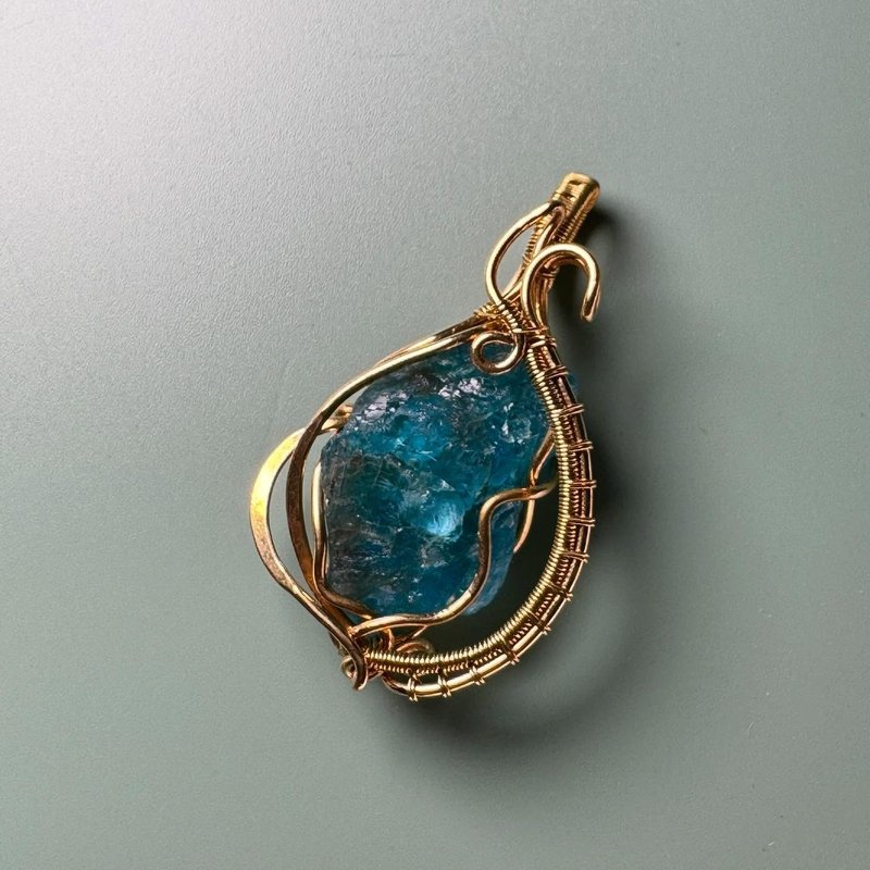 磷灰石原矿黄铜编织项链 - 项链 - 宝石 蓝色