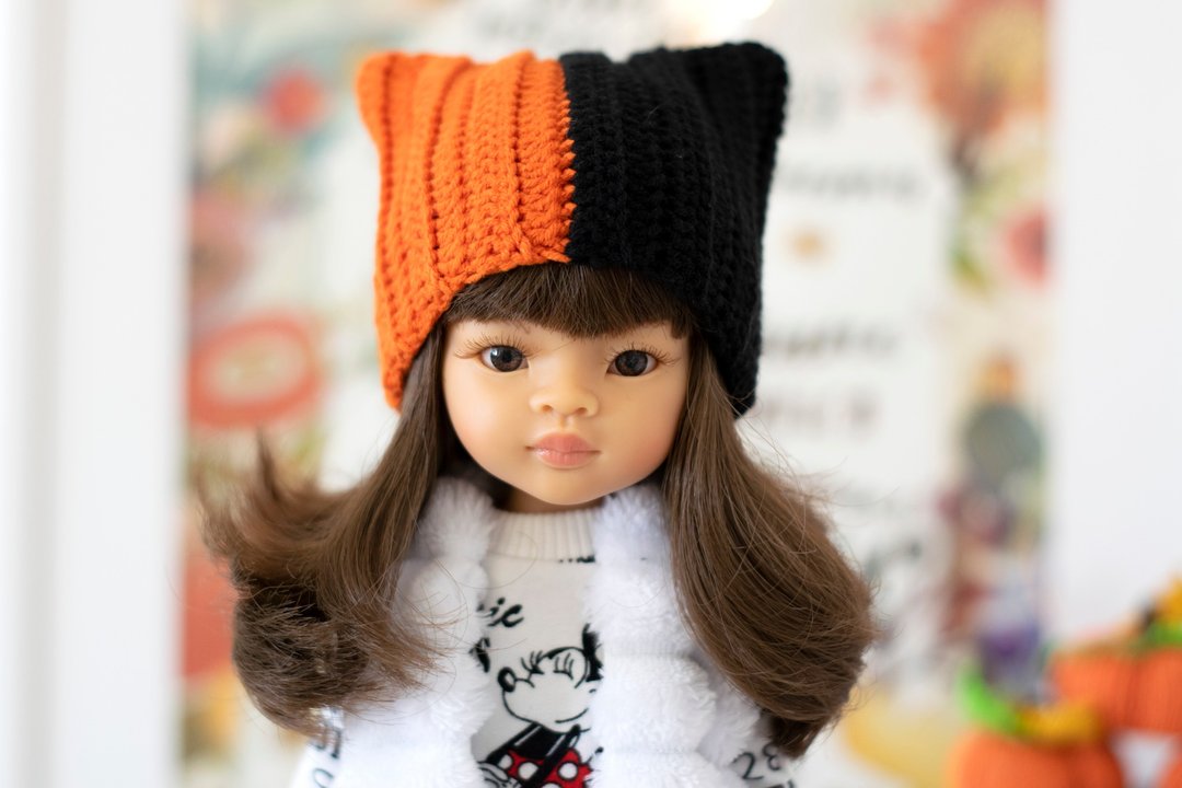 Orange and black block hat for doll Paola Reina, Siblies, Halloween costume - 玩具/玩偶 - 棉 橘色