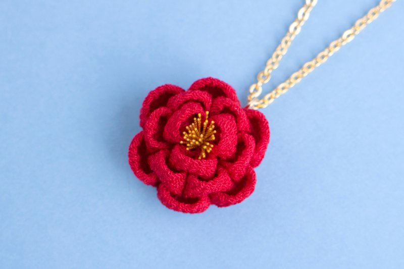 纯丝温柔山茶花项链红色浴衣工艺品成人式成年礼毕业典礼新年日和风圆玫瑰花玫瑰花 - 项链 - 丝．绢 红色