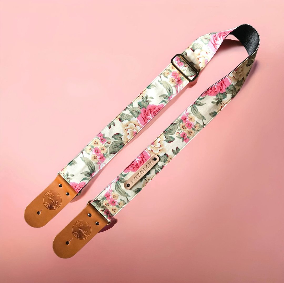 Yellow Pink Flora  Guitar Strap, Genuine Leather Guitar Strap - 其他 - 棉．麻 黄色