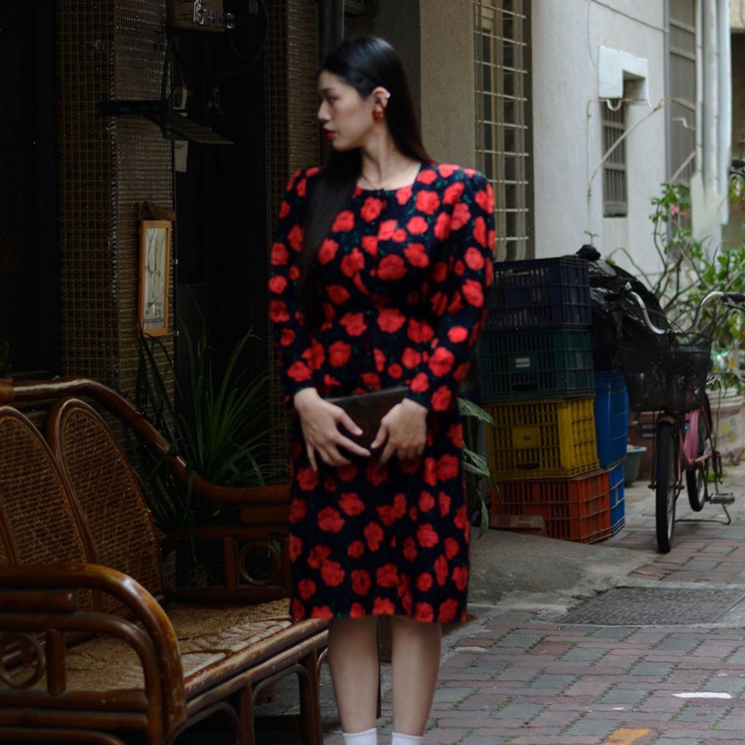 揉纸玫瑰 |  古着长袖洋服 - 洋装/连衣裙 - 其他材质 