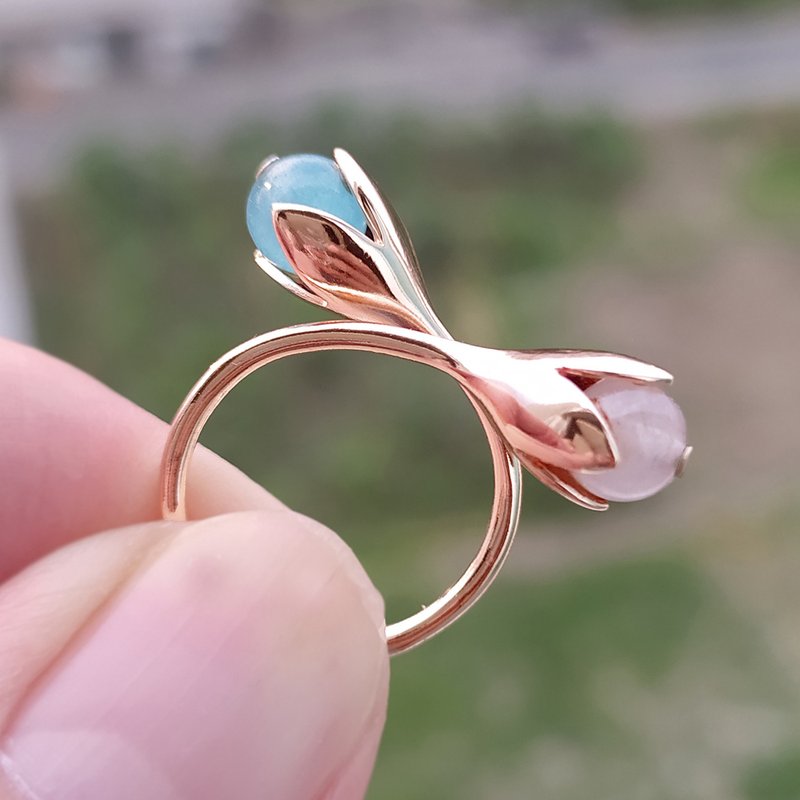 【雙11折扣】Silver ring, Lucky stone , adjustable ring ,Rose Quartz , Aquamarine - 戒指 - 纯银 