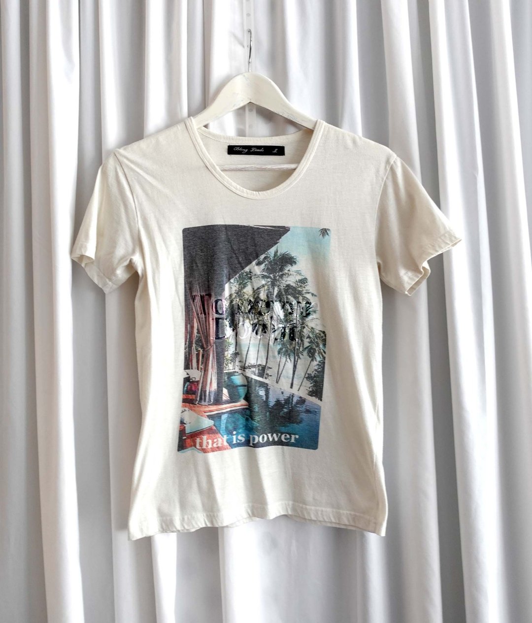 二手中古tee Bling Leads米白色彩色椰树植绒印花TEE 渡假休闲风 - 女装 T 恤 - 棉 白色