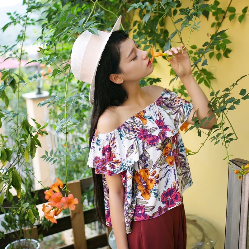 安妮陈原创设计采薇 2016夏季新款清新文艺露肩女抹胸式印花上衣 - 女装上衣 - 棉．麻 多色