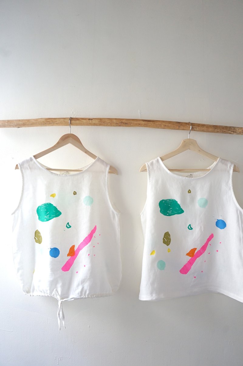 自由-yinke手工印花亚麻白色绑带背心 - 女装背心 - 棉．麻 