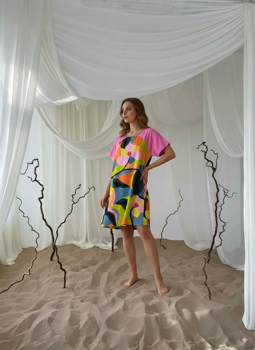 Floral Pink leaf cotton rayon dress colorful summer loose - 洋装/连衣裙 - 棉 