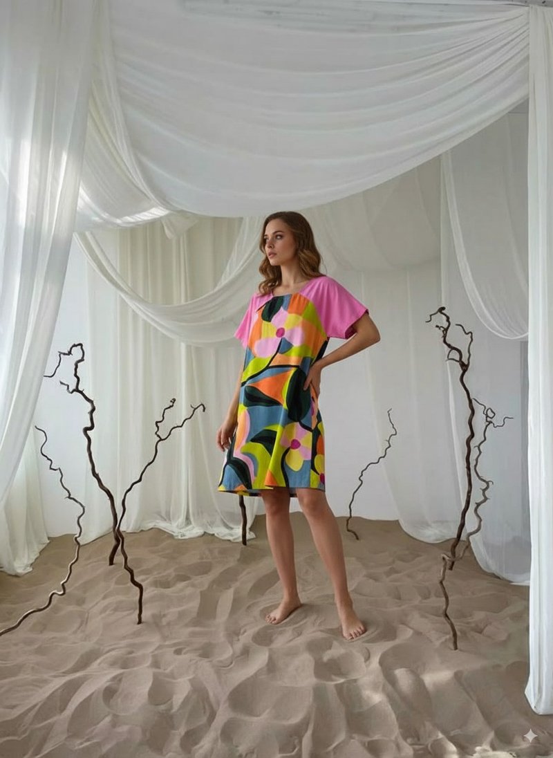 Floral Pink leaf cotton rayon dress colorful summer loose - 洋装/连衣裙 - 棉．麻 