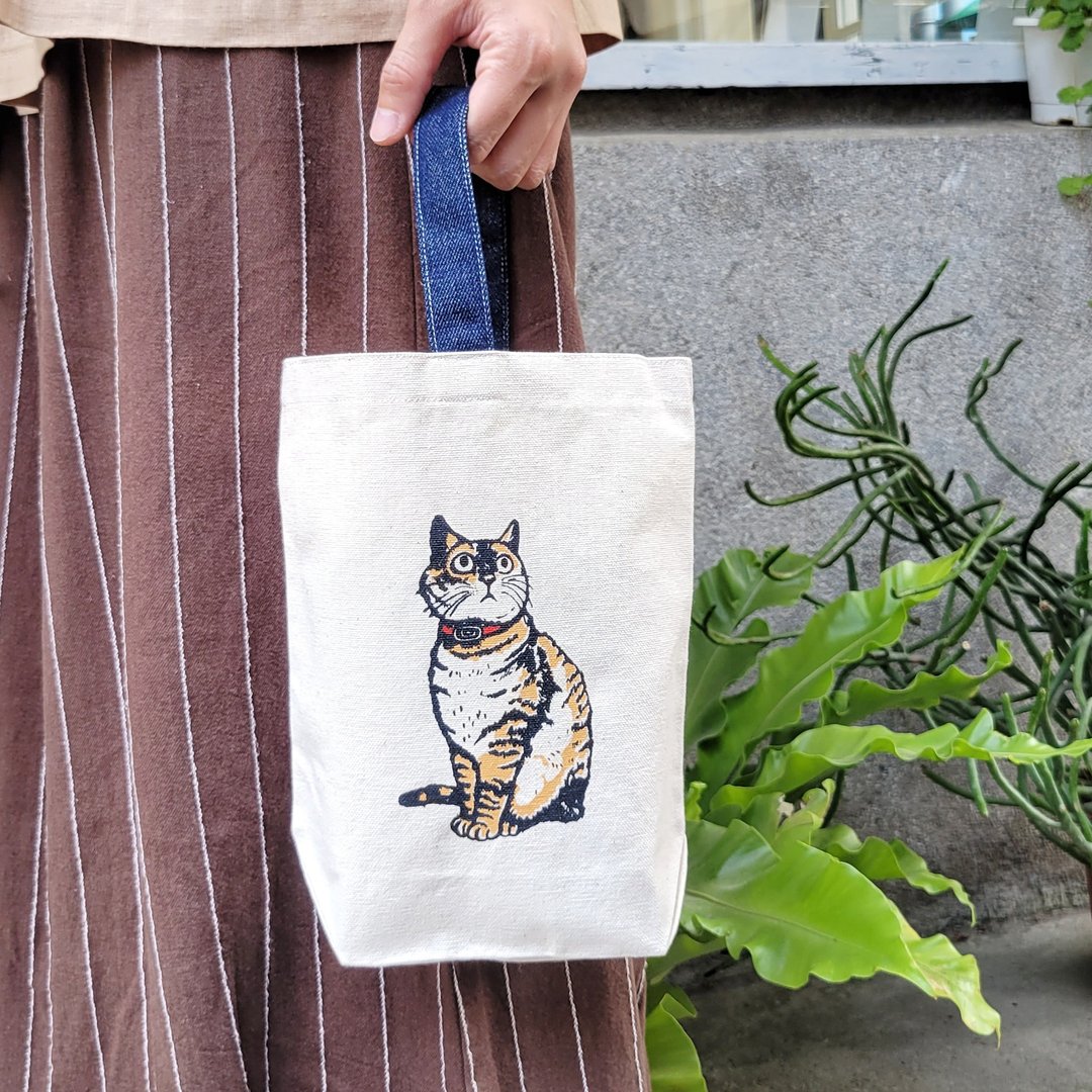 猫毛 原创手工绢印牛仔布单把帆布提袋 水壶袋 伞袋 / 美国短毛猫 - 手提包/手提袋 - 棉．麻 多色