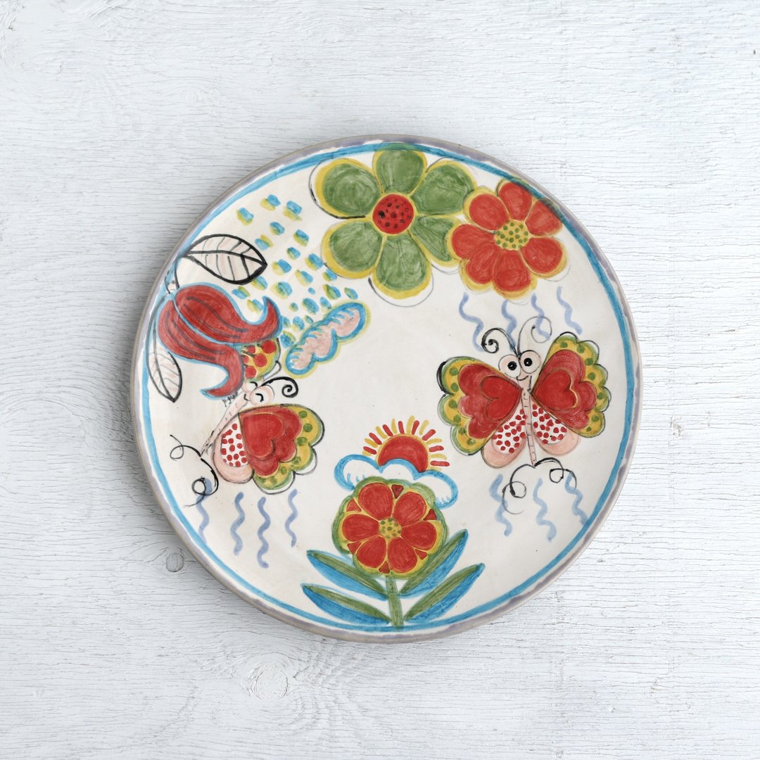 Flat plate with red tulips, flowers and butterflies - 便当盒/饭盒 - 陶 红色