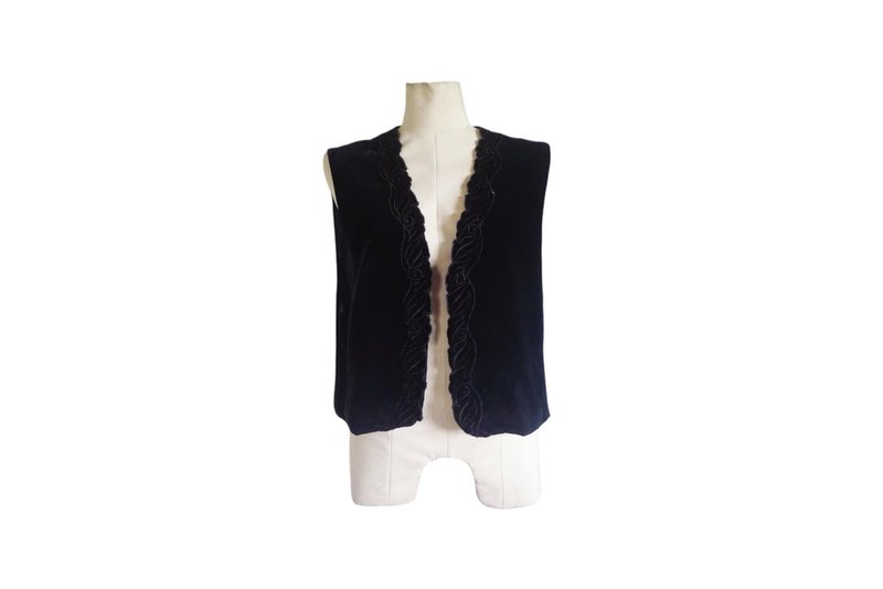 黑色丝绒背心，弧形滚边设计，80年代日本复古单品，均码。 - 女装背心 - 聚酯纤维 黑色