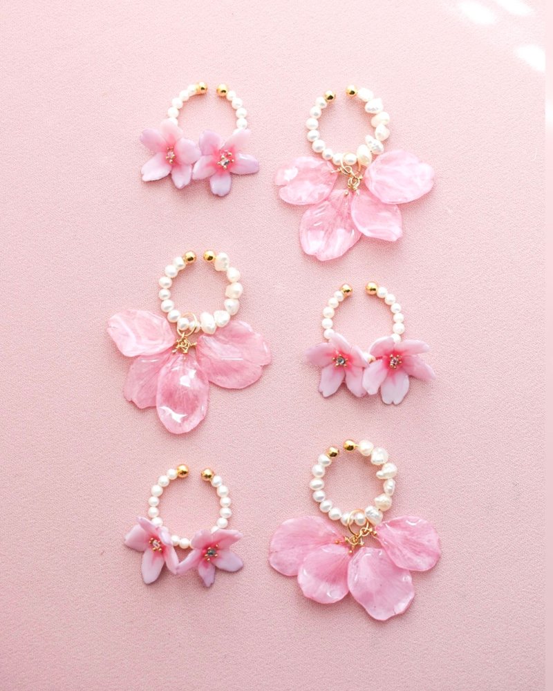 真樱花 × 淡水珍珠耳扣 春日绽放耳饰 - 耳环/耳夹 - 其他材质 粉红色