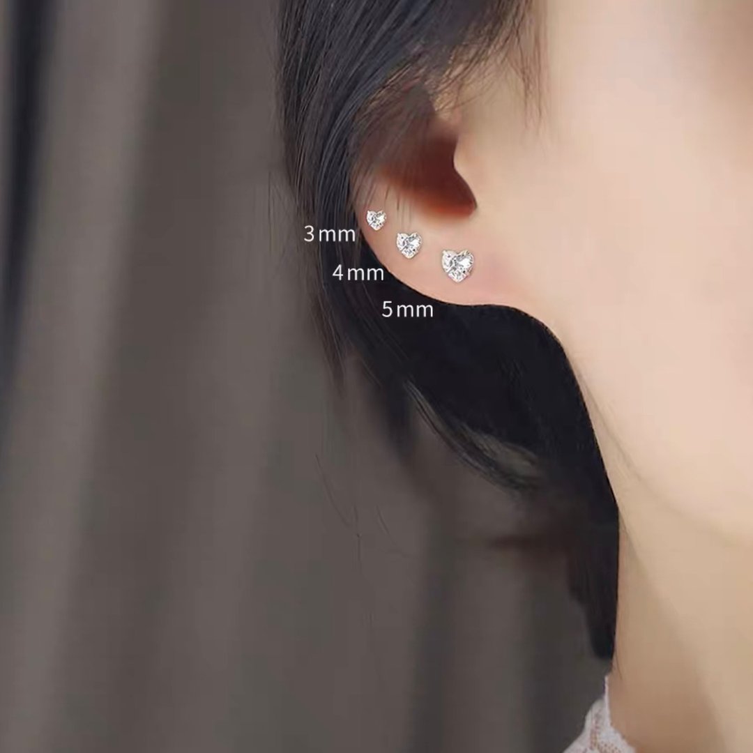 925纯银 爱心锆石 甜美迷你耳环 4mm、5mm、6mm - 耳环/耳夹 - 纯银 银色