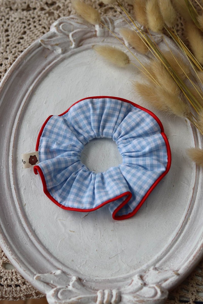 蓝色格子棉布手作大肠发圈发饰发绳头饰 - 发饰 - 棉．麻 