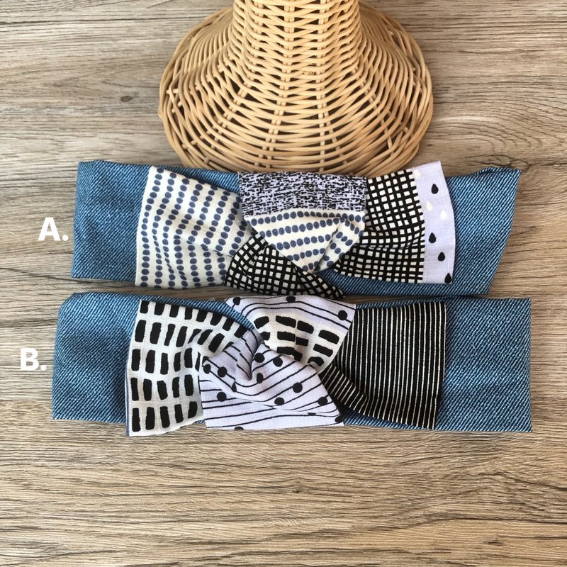 几何蝴蝶结发带/リボンヘアバンド - 发带/发箍 - 棉．麻 蓝色