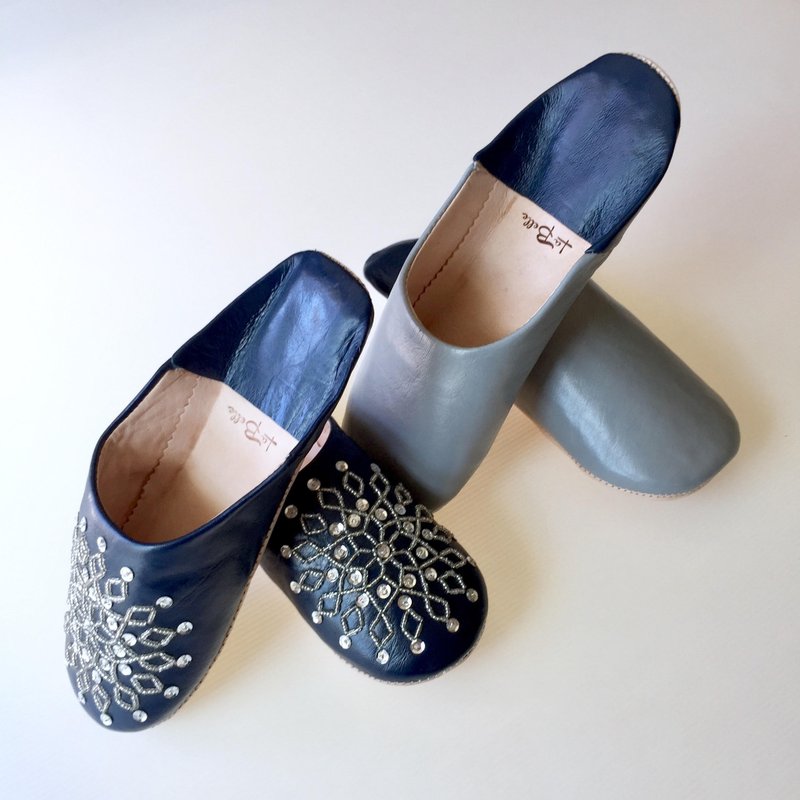 Babouche slippers Babushu Dumi Gray and No Alla Navy Set - 其他 - 真皮 蓝色