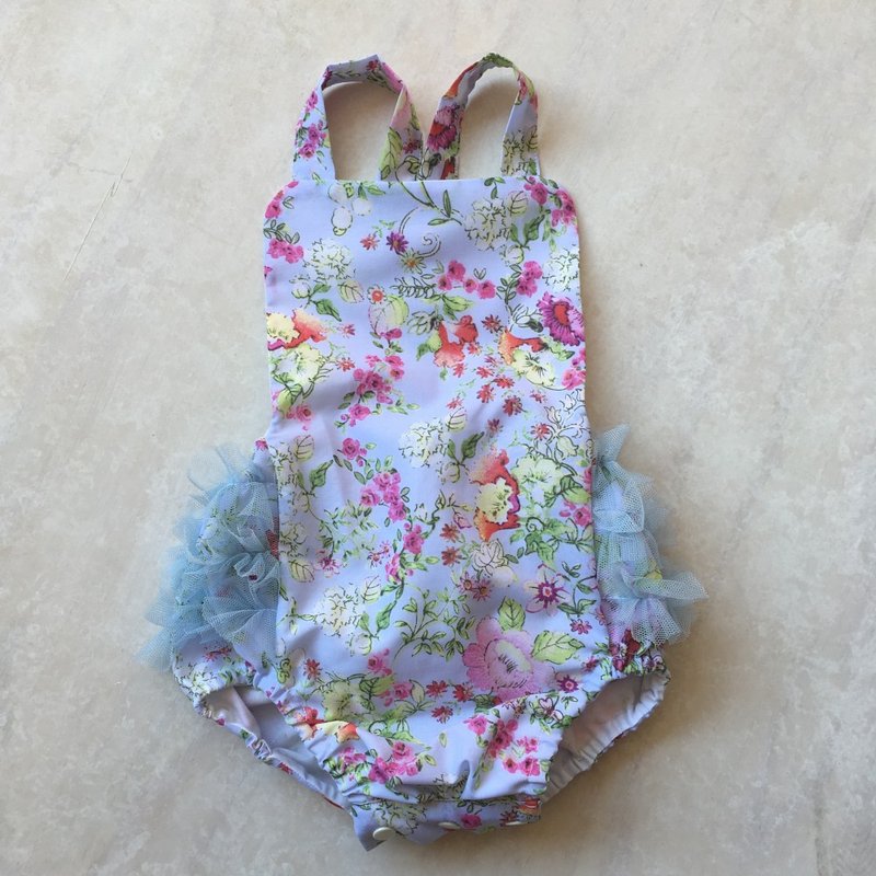 Baby Girls Ruffle Romper Onesie Overalls in Blue Flowers - 包屁衣/连体衣 - 棉．麻 蓝色