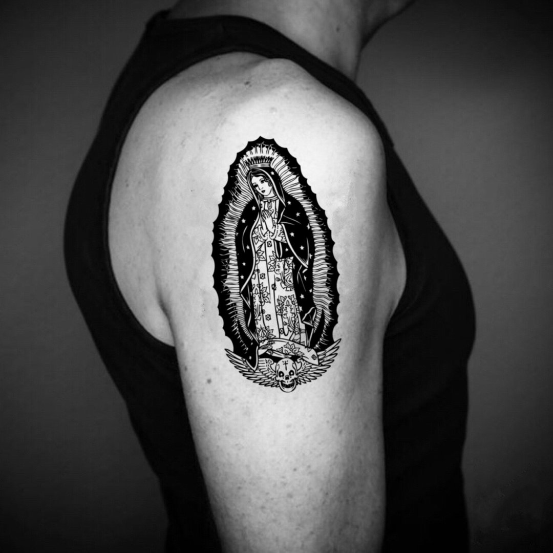 OhMyTat 瓜达露佩圣母 Guadalupe 刺青图案纹身贴纸 (2 张) - 纹身贴 - 纸 黑色