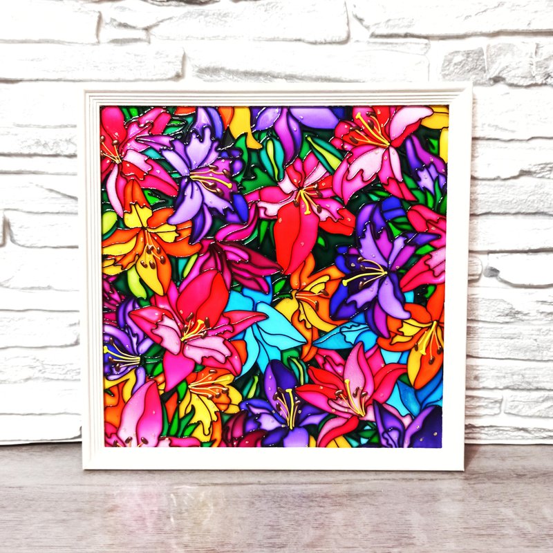 玻璃上的花画手工盛开的装饰粉红色的花墙挂着 - 墙贴/壁贴 - 玻璃 粉红色