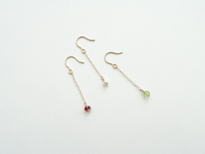 ::轻珠宝 14kgf:: 艳丽红石榴石草绿橄榄石淡水珍珠美国 14K包金一缕细链耳环 ♡ 可改隐形硅胶耳夹 - 耳环/耳夹 - 宝石 多色