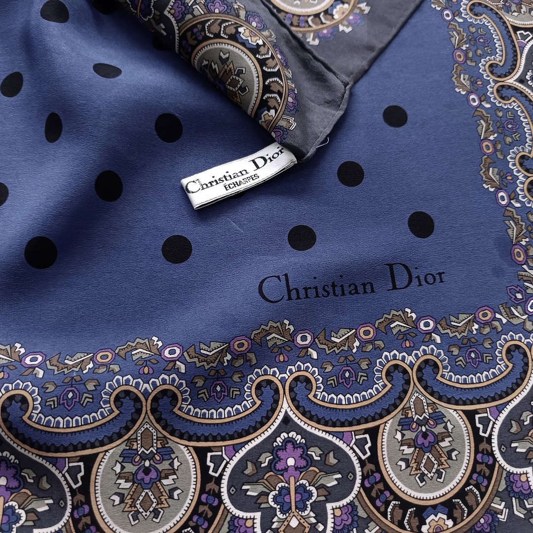 复古 Christian Dior ÉCHARPES 真丝丝巾，变形虫与波点图样（30x31 英寸） - 丝巾 - 棉．麻 蓝色