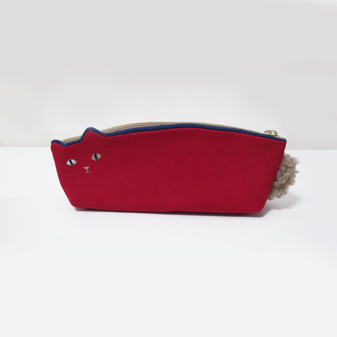 Kurashiki Canvas Cat Pen Case Red [Made to Order] - 铅笔盒/笔袋 - 棉 红色