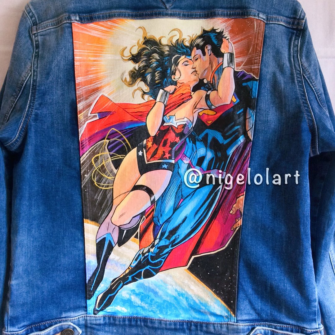 Painted Denim Jacket Handmade Blue jeans jacket Superman, DC Comics Wonder Woman - 女装休闲/机能外套 - 棉 多色