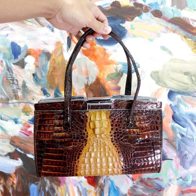 中古迷你鳄鱼皮革贵妇淑女风手袋包包手提袋 日本高级二手古着 - 手提包/手提袋 - 真皮 咖啡色