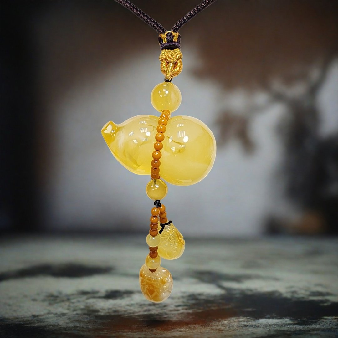 天然金绞蜜蜡立体葫芦挂坠 附公司保证卡 飘花蜜手雕钱袋貔貅项链 - 项链 - 半宝石 