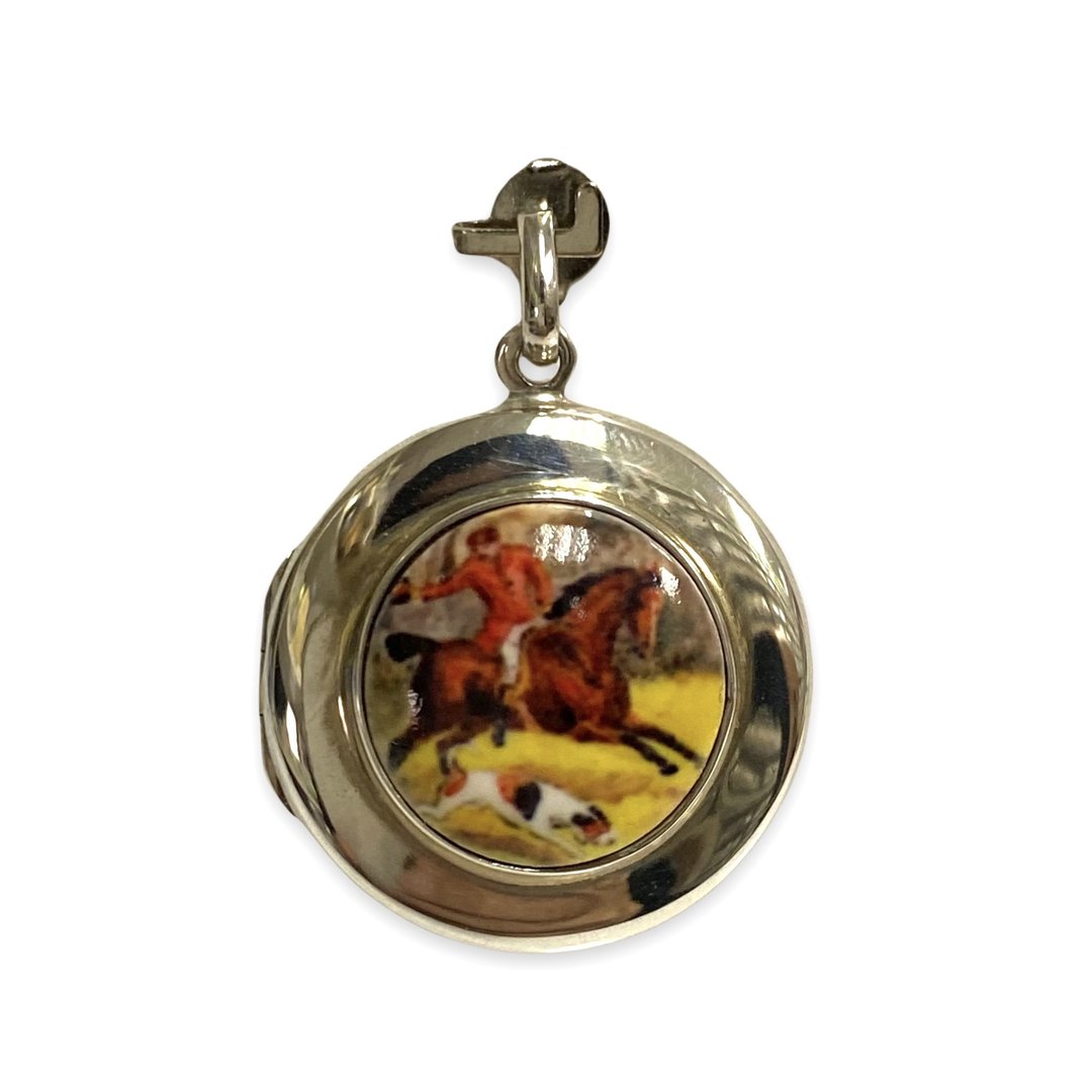 Enamel Hunting Scene Horse &amp; Dog Locket Pendant with Photos 925 Sterling Silver - 项链 - 纯银 银色