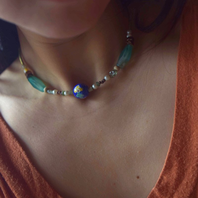 蓝陶瓷画釉 | 串珠颈链  台湾早期饰品改造 - 项链 - 陶 蓝色