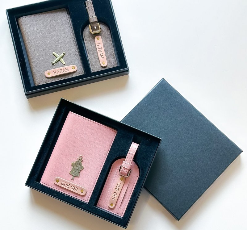 定制化组合皮革护照和 Luagage 旅行标签套装 - 真皮 - 护照夹/护照套 - 真皮 