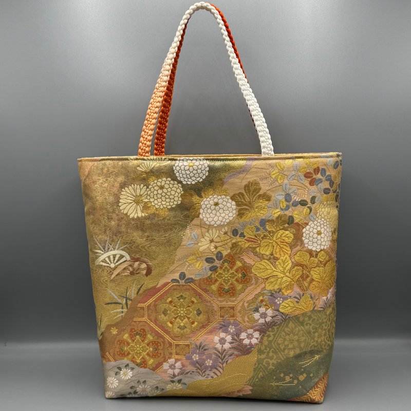 和服带带签手袋重制金菊花 - 手提包/手提袋 - 丝．绢 金色