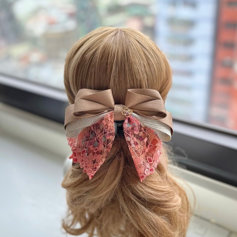 独家蕾丝蝴蝶结相交夹香蕉夹仙女夹发夹-橘砖色 - 发饰 - 其他材质 橘色