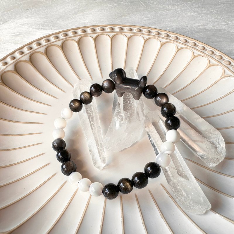 汪 坏运退散 金曜石 银曜石 腊肠狗手链 马蹄螺 小狗手链 - 手链/手环 - 半宝石 黑色