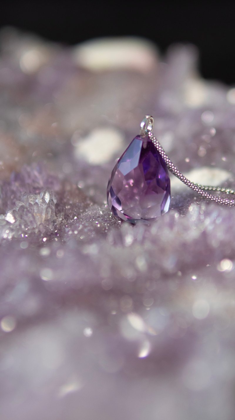 天然紫水晶 切面纯净体紫水晶 S925吊坠银项链 - 项链 - 水晶 