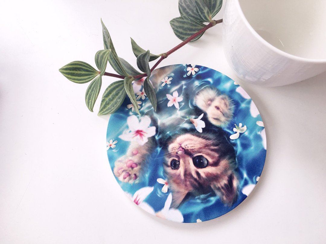 动物插画陶瓷吸水杯垫【赏花猫】 - 杯垫 - 陶 白色