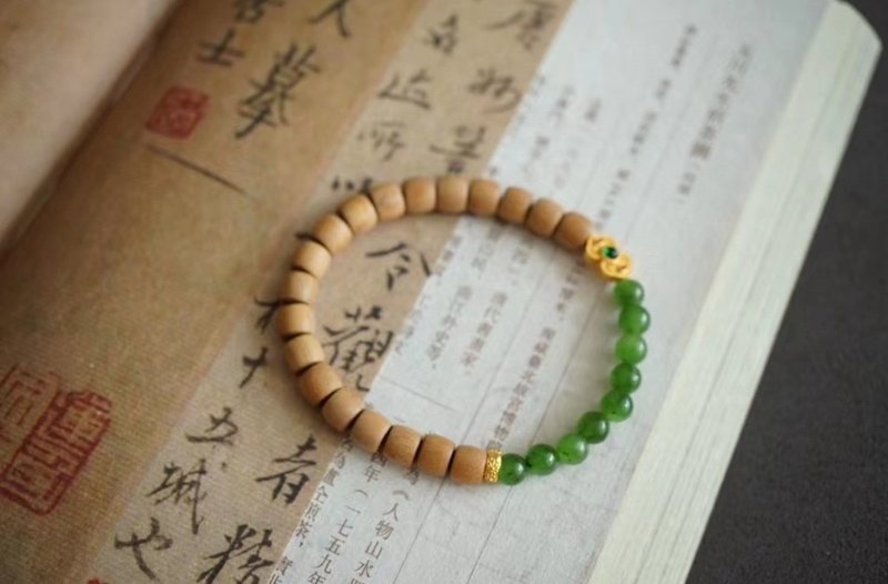 5mm索迈尔 原生老山檀 碧玉古法银配饰设计单圈手串手持s - 手链/手环 - 木头 咖啡色