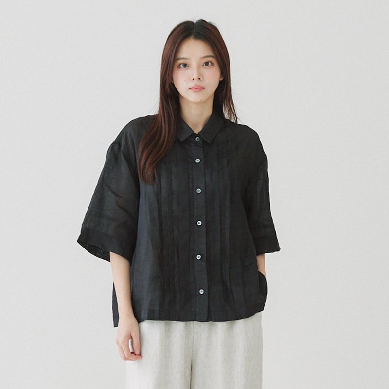 【Simply Yours】打褶苎麻衬衫 黑F - 女装衬衫 - 棉．麻 黑色