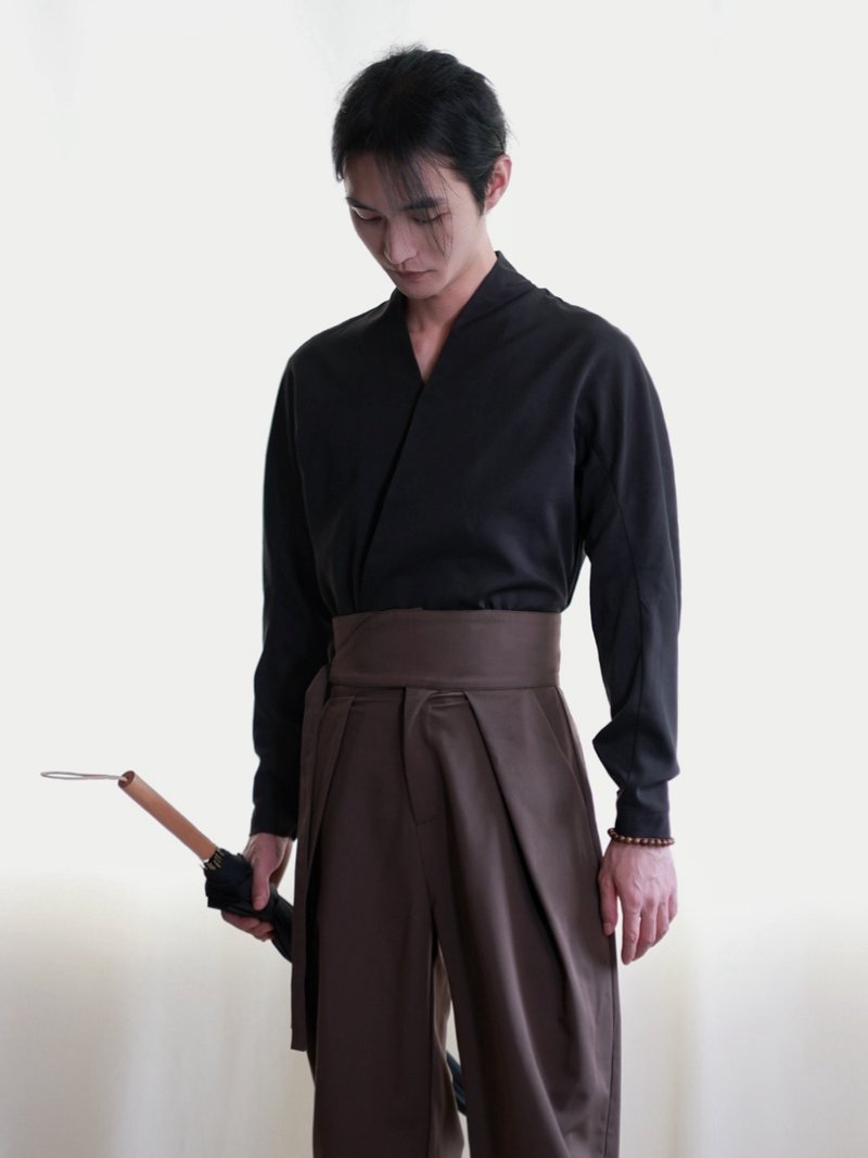 中式黑色中衣 内衬改良衬衫式外套 连肩袖 下摆调节 四季 - 男装衬衫 - 棉．麻 黑色