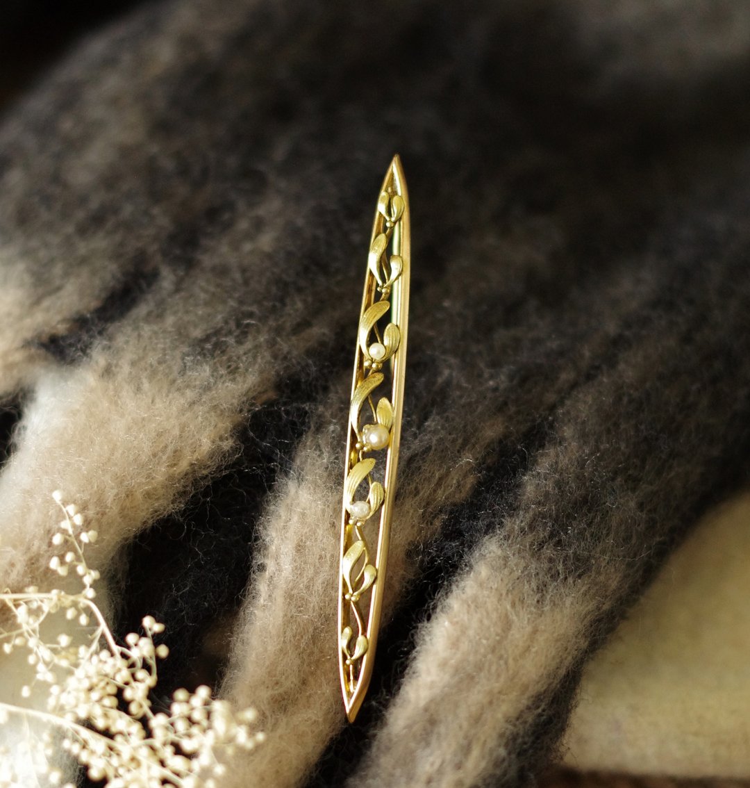 Antique骨董金色新艺术珍珠叶片别针法国 Bijoux Fix B1375 - 胸针 - 其他金属 金色