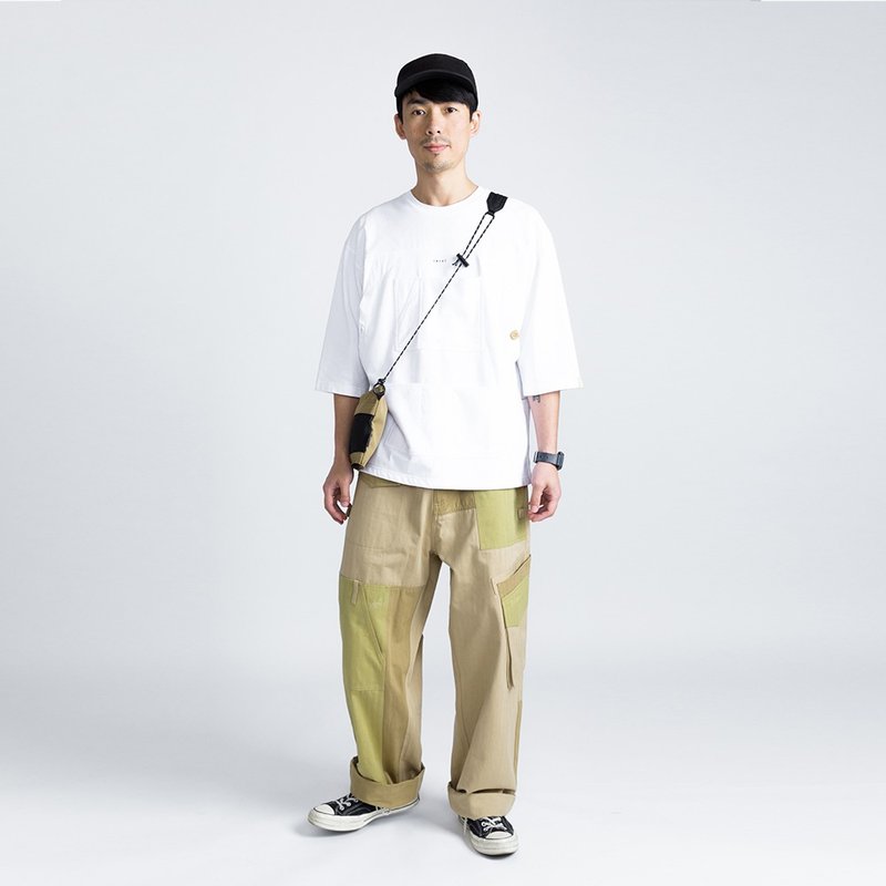 SUPIMA棉户外多口袋七分袖圆领T恤 白色 山系 拼接宽松 - 男装上衣/T 恤 - 棉．麻 