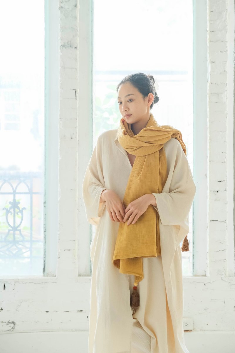 OMAKE 双层纱流苏围巾 芥黄 - 围巾/披肩 - 棉．麻 黄色