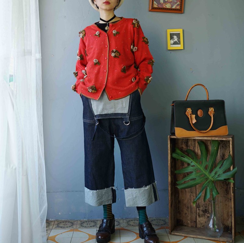 寻宝古着-重回1988节庆红复古手工钩织立体花朵针织开襟外套 - 女装针织衫/毛衣 - 聚酯纤维 红色