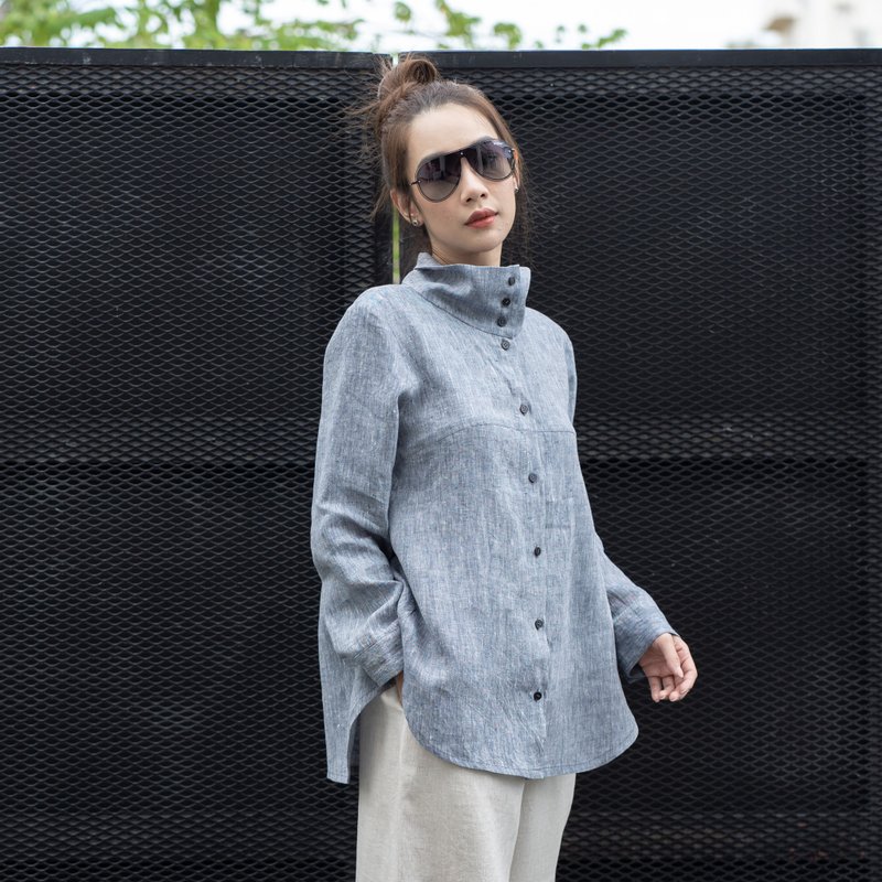 Natural Linen High Neck Jacket Blue Linen Jacket - Bluish Grey - 女装休闲/机能外套 - 亚麻 蓝色